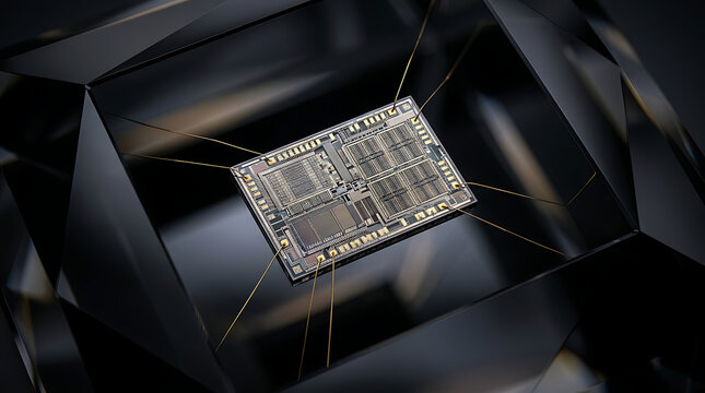 Cutting-edge RAM memory chip in darkness, revealing its complex design and the heart of modern digital processing