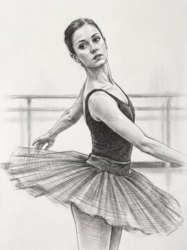 Artistic Pencil Drawing of a Graceful Female Ballerina in a Tutu Practicing at the Ballet Barre