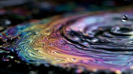 Fototapeta premium Iridescent oil and water swirl with falling droplet ripple