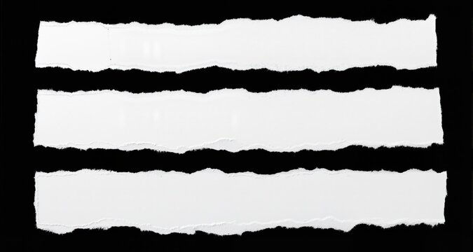 White ripped paper torn edges strips isolated on black background
