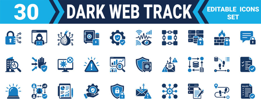Set of thirty dark web tracking and cyber security vector icons with blue and black color theme design Minimal solid fill icon set bundle collection. Editable Vector Illustration Mega pack