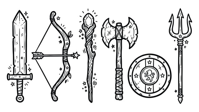 Fantasy RPG Weapons and Magical Items Doodle Style Set featuring Warrior Sword Archer Bow Wizard Staff Double Axe Guardian Shield and King Trident