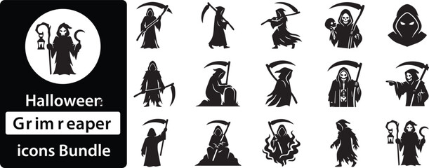 Fototapeta premium Set of 15 silhouette icons related to grim reaper, death - collection of scythe, skull, hood, tombstone, skeleton, ghost, lantern, cemetery vector elements
