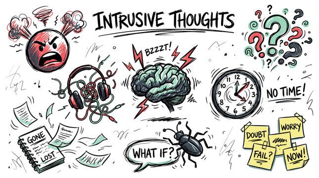 Intrusive thoughts and mind concept icons with brain, clock and angry face for presentation design in sketch illustration