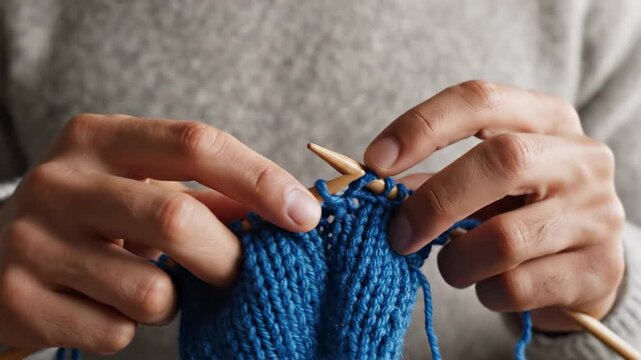 A person wearing a grey sweater uses wooden needles to craft a warm blue fabric garment by hand during a peaceful afternoon session focused on developing creative skills through traditional