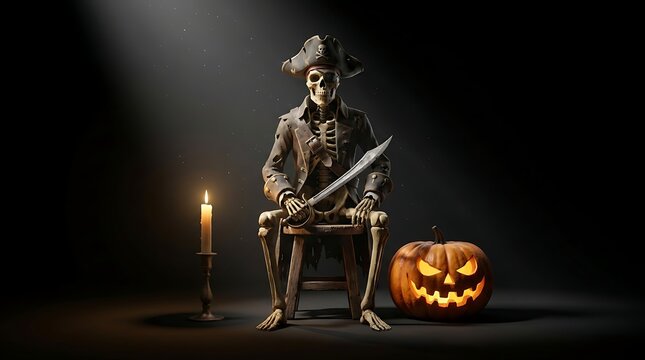 Sitting skeleton pirate wearing weathered hat and eyepatch holding sword beside carved halloween pumpkin and candle light.