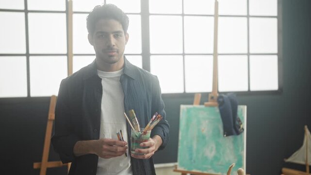 Man holding paintbrushes in a jar, fingers grasping a brush, standing by easel and teal canvas in an art studio; serene creativity.