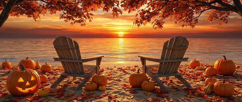 Two wooden chairs on beach at sunset with pumpkins in autumn leaves overlooking ocean horizon during beautiful fall evening.