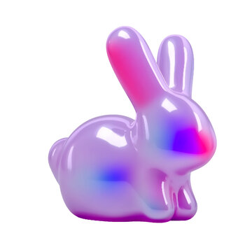 Glossy 3d holographic bunny rabbit figurine with iridescent pink and purple gradient