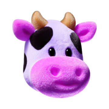 Cute fluffy purple cow head with pink spots 3d style illustration