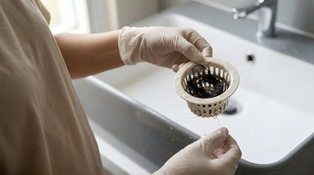 Hands in rubber gloves cleaning a clogged sink drain strainer full of hair in bathroom close up