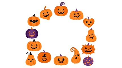 Naklejka premium Halloween pumpkin square frame border with cute and scary jack o lantern faces isolated on white background