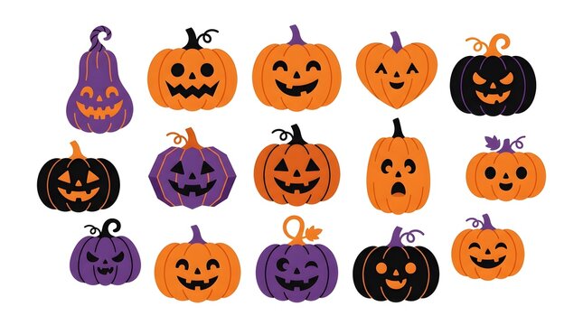 Halloween pumpkin vector icons set with cute, funny and scary jack o lantern faces isolated on white background