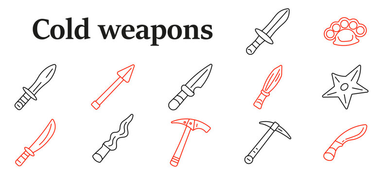Cold weapons set icon. Dagger, spear, knife, brass knuckles, shuriken, machete, kris blade, tomahawk, pickaxe, combat equipment, martial armament collection.
