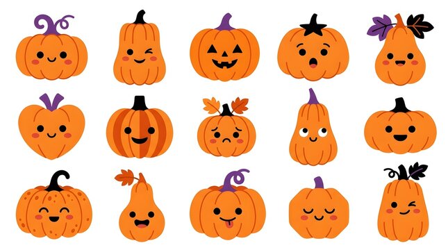 Cute Halloween pumpkin characters set with funny and happy emoji faces isolated on white background