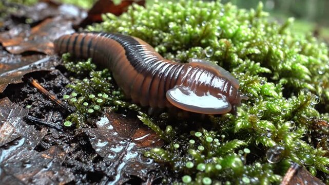 Close-up view of a hammerhead worm exploring a patch of lush green moss in a damp forest environment.