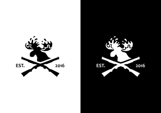 Moose hunting logo design vector with crossed rifles shotguns and antlers silhouette
