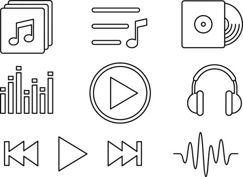 Audio Player and Music Control Line Icon Set Vector with Playback and Sound Interface Elements