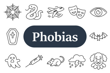 Obraz premium Phobia set icon. Spider web, snake, airplane, theater mask, eye, coffin, bat, ghost, syringe, mouse, thunderstorm, dog, anxiety disorder, fear reaction, psychological stress.