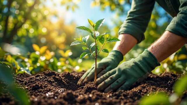 Gardener hands planting small green seedling with visible roots into fresh soil. Environmental conservation and sustainable agriculture concept. Nature growth nurturing for eco friendly future