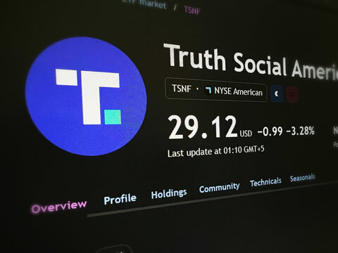 Truth Social America stock price display on digital screen with market data, illustrative editorial