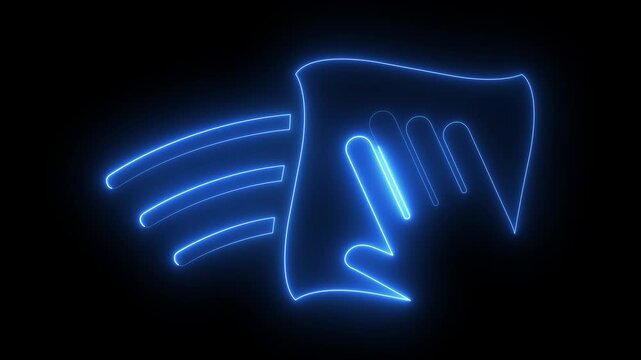 glowing neon hand with wipe, home cleaning icon isolated on black background. featuring cleaning hand with cloth, surface cleaning, housekeeping service, home care, sanitation symbol design. 4k video.