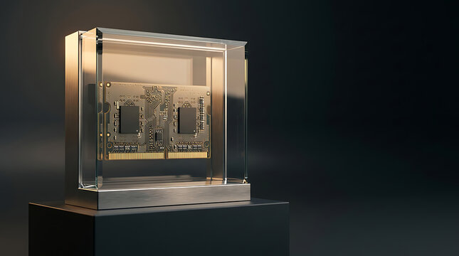 High Performance RAM Memory Chip Enclosed in a Modern Glass Display Case for Tech Innovation and Computing Excellence