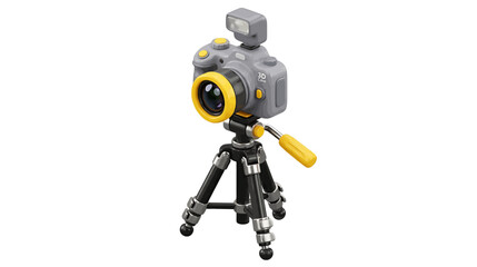 Fototapeta premium Vector illustration of 3d camera on tripod with flash unit on a transparent background