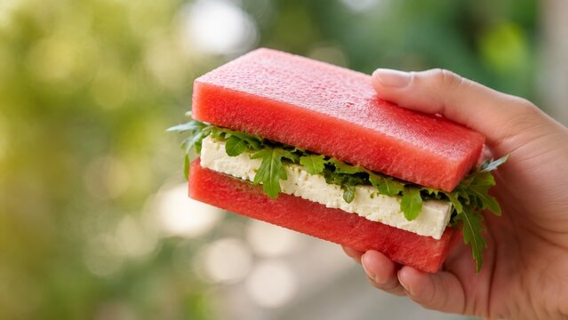Hand holding a creative watermelon sandwich with fresh feta cheese and green arugula leaves, served outdoors on a sunny day. A healthy, refreshing summer snack concept with a blurred green background.