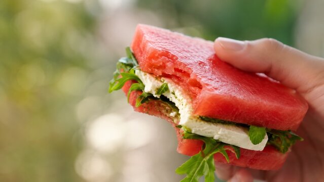 Hand holding a creative watermelon sandwich with feta cheese and arugula, showing a big bite, outdoors on a sunny day. A healthy, refreshing summer snack concept on a rustic wooden table.