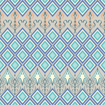 Bohemian geometric diamond pattern in blue and beige tones