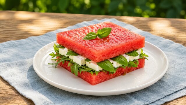 Gourmet watermelon sandwich with feta cheese, fresh arugula, and mint served on a plate outdoors, creative healthy summer snack, clean presentation with copy space on a rustic wooden table.