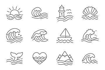 Ocean landscape set icon. Sunrise horizon, curling breaker, coastal lighthouse, seashell emblem, sailing vessel, whale fluke, aquatic heart, mountainous shoreline scenery. © Кирилл Макаров
