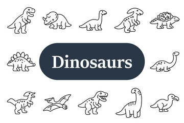 Dinosaurs set icon. Tyrannosaurus figure, triceratops form, long neck creature, parasaurolophus shape, ankylosaurus body, stegosaurus plates, small reptile, flying pterosaur, predator dinosaur © Кирилл Макаров