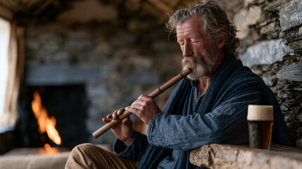 Fototapeta premium An Irish folk musician tunes a wooden flute beside a peat fire in a rural pub snug, the low ceiling and stone walls creating an intimate acoustic space, a half finished pint