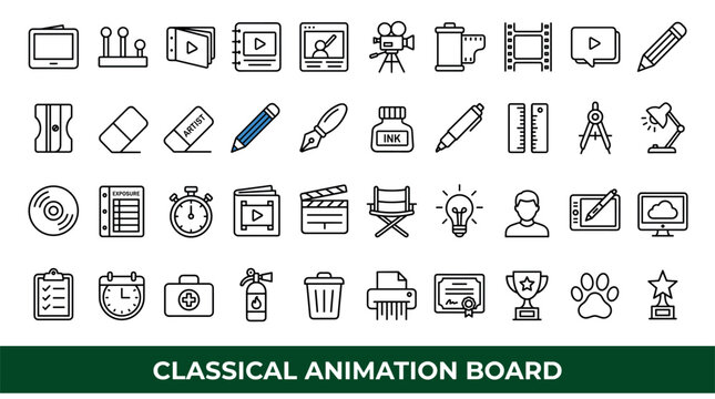 Classical animation and drawing UI elements with pencil, clapperboard and light bulb for presentation design in flat illustration style