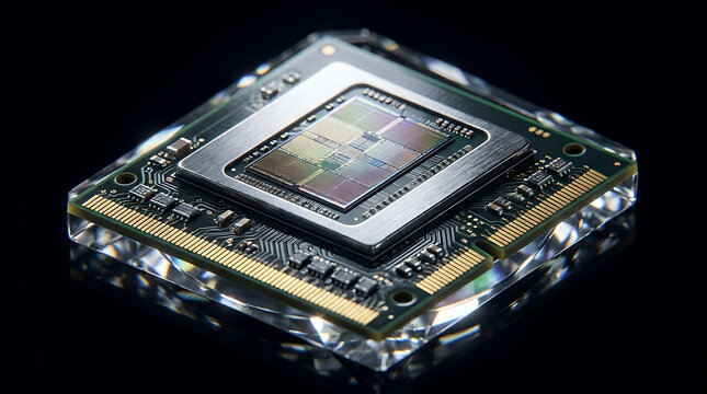 Luxury Computer Processor Microchip Embedded in a Sparkling Diamond Crystal Base on Black Background