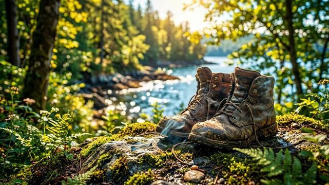Worn hiking boots resting on mossy rock in sunny forest by lake. Outdoor adventure and nature exploration concept. Wilderness trail journey and peaceful scenery