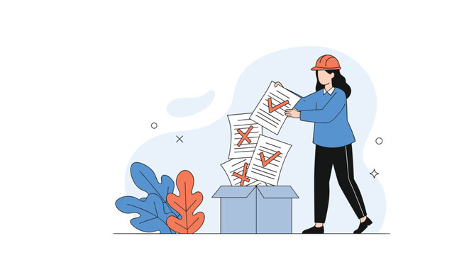 Female structural engineer archiving approved checklist documents in a file storage box, safety inspector.