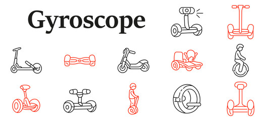 Gyroscope set icon. Scooter, hoverboard, segway, monowheel, kart vehicle, personal transporter, electric mobility equipment, urban commuting technology collection © Кирилл Макаров