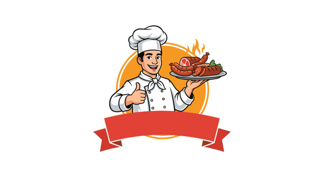 Cheerful male chef cartoon character holding a platter of hot grilled sausages and meats with blank red ribbon below.
