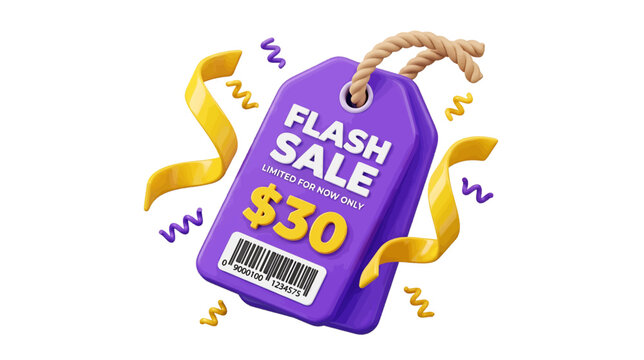 Vector illustration of 3d render of a purple price tag with flash sale text and barcode on a transparent background