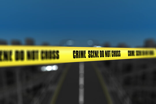 3D police line tape against defocussed city background