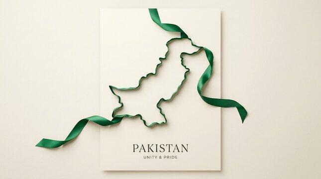 Emerald green ribbon forms Pakistan map on beige background, symbolizing national pride and geography.
