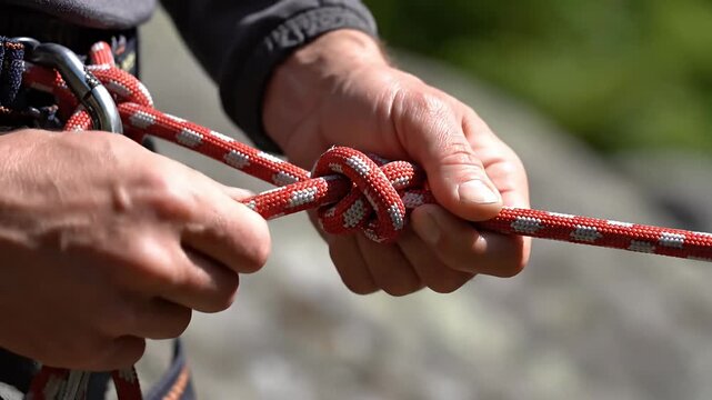 Close up of hands tying secure red climbing rope knot.