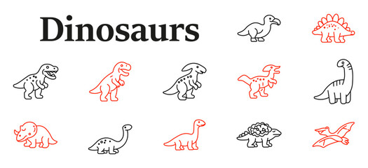 Dinosaurs set icon. Tyrannosaurus, stegosaurus, triceratops, brachiosaurus, pterodactyl, ankylosaurus, prehistoric reptiles, fossil wildlife, ancient zoology illustration collection © Кирилл Макаров