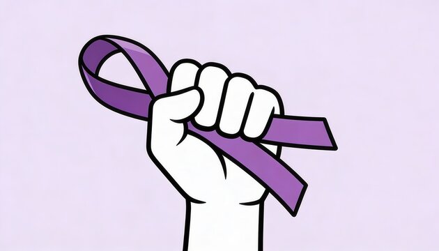 Fist holding a purple awareness ribbon.