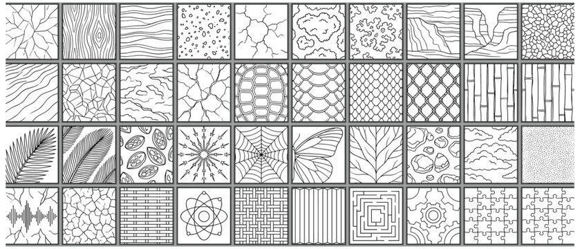 Organic Texture Line Pattern Swatches Vector Set with Leaves, Feathers, Cracks and Honeycomb for Background Design
