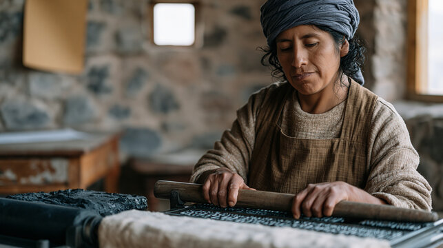 Peruvian textile artisan in mountain workshop operates vintage letterpress machine, setting lead type by hand into composing stick, ink-rolled chase nearby, worn wooden furniture,