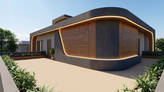 Modern Curved Parapet Design
"Ultra-modern house terrace parapet wall design with elegant curved profile, wood texture HPL panels, warm hidden LED strip lighting, charcoal grey and beige color combina